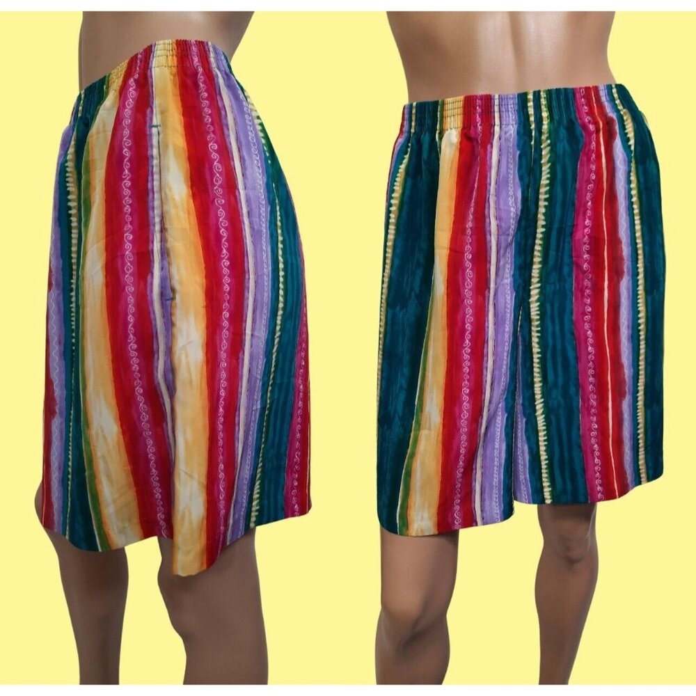 Vintage 90s Colorful striped Long Shorts Elastic Waist Pull On Pockets Size L XL